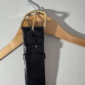 Vintage Ceintures Genuine Lizard Skin Belt Black Gold Buckle Size 32